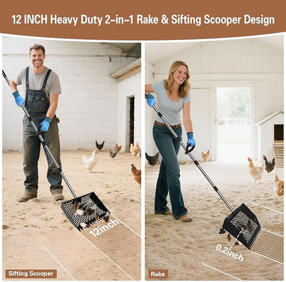 12-Inch Heavy Duty Chicken Poop Scooper & Rake 2-in-1 with 36-77" Adjustable Stainless Steel Handle Ergonomic Metal Sifting Shovel for Chicken Coop, Goat Stall,Animals House Cleaning