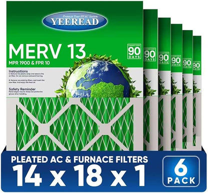 14x18x1 MERV 13 Air Filters, 6-Pack, Actual Size: 13.7" x 17.7" x 0.75", Pleated Design with Enhanced Filter Media for Superior Filtration,Perfect for HVAC, AC & Furnace Systems
