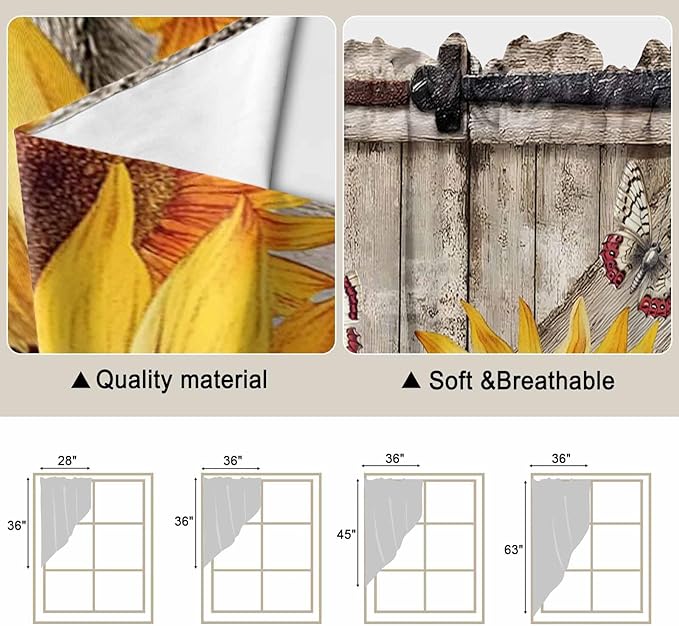 Sunflowers Swag Valances for Windows, Retro Flower Barn Doors Butterfly Farmhouse Brown Rod Pocket Kitchen Curtains Valance, Kitchen Window Curtains Swag for Cafe Living Room, 2 Panels, 36x45 inch