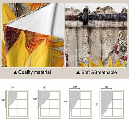 Sunflowers Swag Valances for Windows, Retro Flower Barn Doors Butterfly Farmhouse Brown Rod Pocket Kitchen Curtains Valance, Kitchen Window Curtains Swag for Cafe Living Room, 2 Panels, 36x45 inch