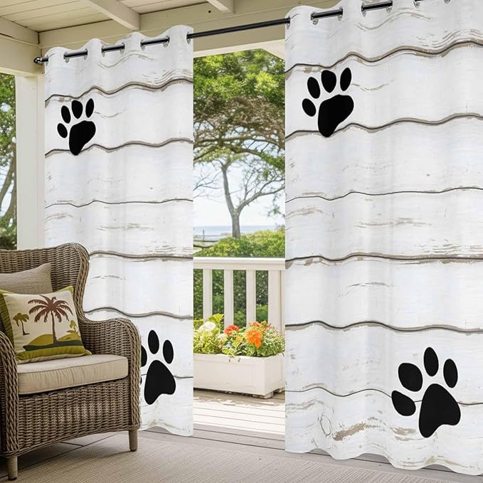 Wood Grain Outdoor Curtains for Patio Claws Animals Wooden White Waterproof Outside Curtains with Grommet Top Weatherproof Curtain for Cabana Pergola Gazebo, 1 Panel, 54" W x 84" L