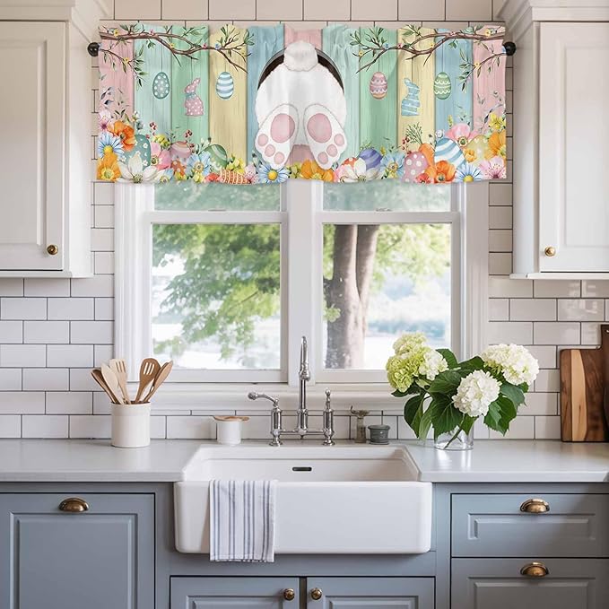 Easter Curtain Valances for Windows, Kitchen Valance Window Treatment, Spring Colorful Bunny Eggs Flower Wood Grain Light Filtering Block Curtains for Bathroom/Bedroom/Living Room 42'' x 18''