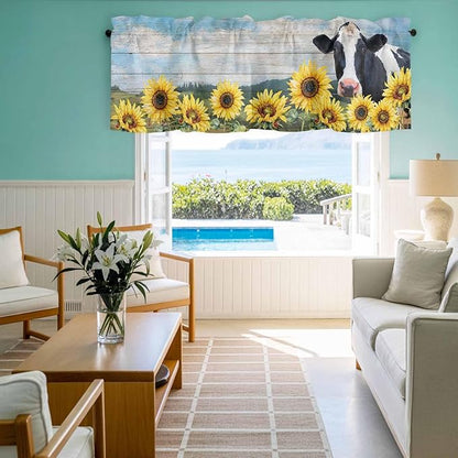 Cow Sunflowers Curtain Valances for Windows, Kitchen Valance Window Treatment, Farmhouse Animal Blue Sky Wooden Grain Light Filtering Block Curtains for Bathroom/Bedroom/Living Room 42'' x 18''