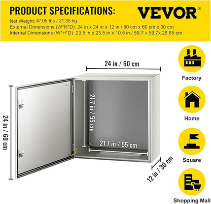 VEVOR NEMA Steel Enclosure, 24 x 24 x 12'' NEMA 4X Steel Electrical Box, IP66 Waterproof & Dustproof, Outdoor/Indoor Electrical Junction Box, with Mounting Plate