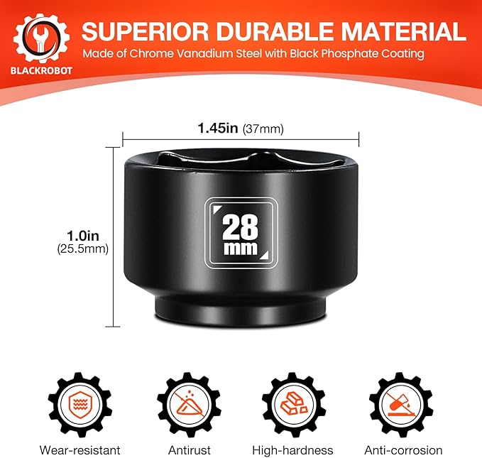 BLACKROBOT 28mm Low Profile Oil Filter Socket, 3/8" Drive 6-Point Oil Filter Cap Remover and Installer Tool, Chrome Vanadium Steel