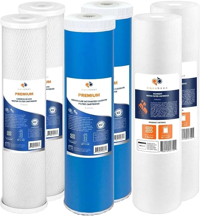 Aquaboon 5 Micron 20 x 4.5 Whole House Water Filter Replacement Cartridge Set: Sediment, GAC & Carbon Filters for 3-Stage Water Filtration System 2 Pack
