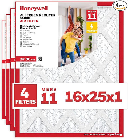 Honeywell 16x25x1 MERV 11 Allergen Reducer 11000 Electrostatic Pleated HVAC AC Furnace Air Filter (4-Pack) | Replacement Filter for Home Use | Made in USA