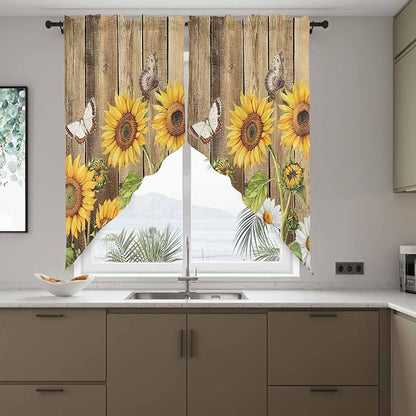 Farmhouse Sunflowers Swag Valances for Windows, Rustic Floral Buttterfly Wood Board Brown Rod Pocket Kitchen Curtains Valance, Kitchen Window Curtains Swag for Cafe Living Room, 2 Panels, 36x45 inch
