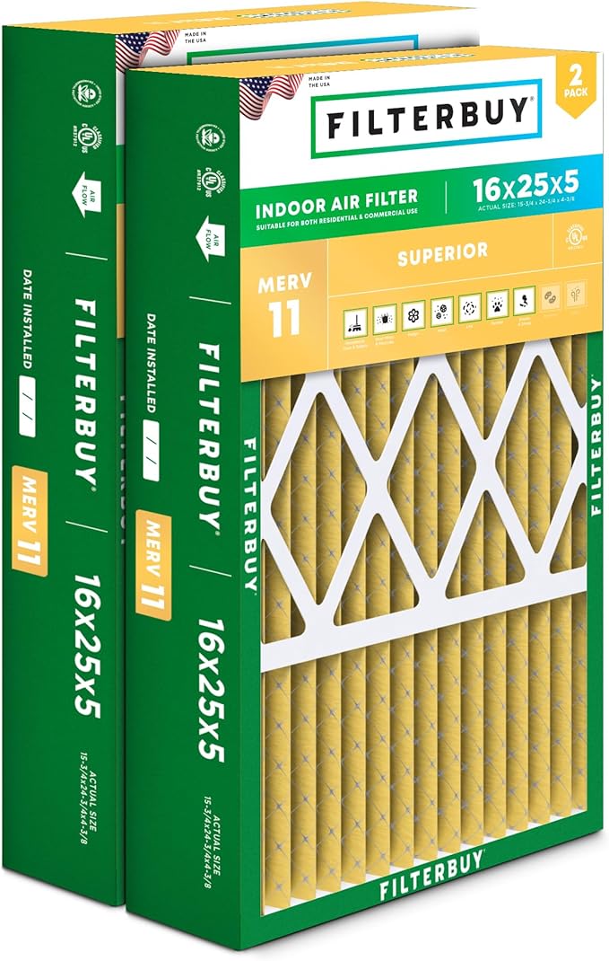 Filterbuy 16x25x5 Air Filter MERV 11 Superior Pet & Allergy Defense (2-Pack), Pleated HVAC AC Furnace Filters for Honeywell FC100A1029, Lennox X6670, and More (Actual Size: 15.75 x 24.75 x 4.38)