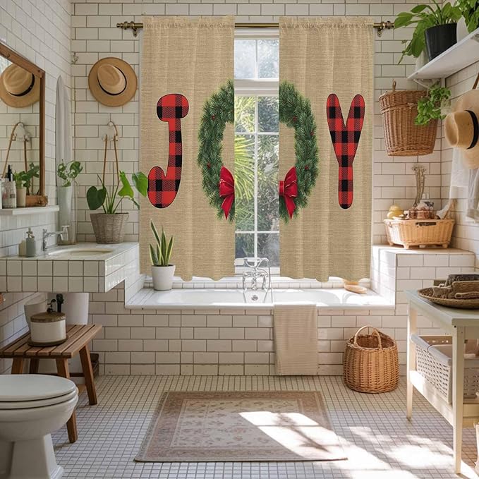 Red Green Christmas Window Curtains 63 Inch Long 2 Panel Set, Rod Pocket Bedroom Curtains & Drapes, Xmas Botanical Winter Farmhouse Light Filtering Window Treatment for Living Room 42"W x 63"L