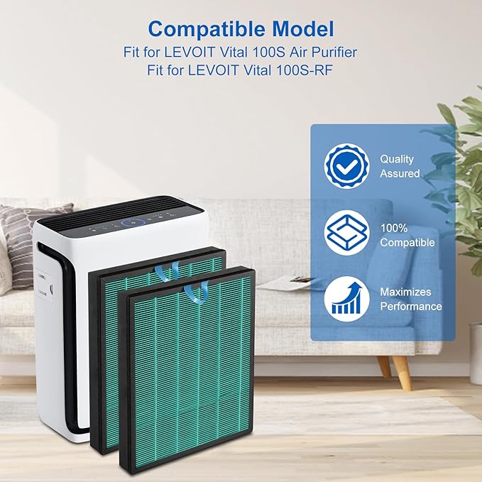 Vital 100S Toxin Absorber Replacement Filter Compatible with Levoit Smart WiFi Vital 100S Air Puri-fier, 3-in-1 Filter and High-Efficiency Activated Carbon Filter, Vital 100S-RF, 2 Pack.