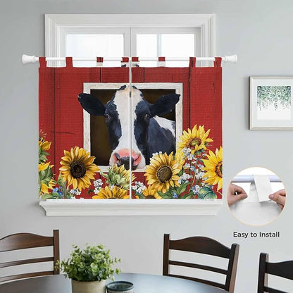Cow Sunflowers Bedroom Curtains 63 Inch Length, Window Curtains Tab Top, Botanical Floral Leaves Bees Farm Barn Light Filtering Window Treatments Drapes 42"x63" 2 Panel