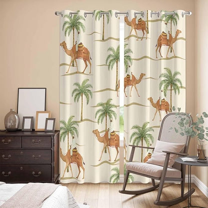 2 Panel Kitchen Cafe Curtains, Date Coconut Tree Sunlight Filtering Nature Air Through, Home Decor Window Covering Tier Curtains for Living Room 80W x 84L inch Desert Camels Botanical Tropical Beige