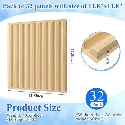 Nuanchu 32 Pcs 3D Slat Wall Panels 12 x 12 Inch PVC Fluted Textured Panel Cuttable Paintable DIY Wall Art Decorative Tiles for Ceiling Studio Bathroom Interior TV Background (Oak)
