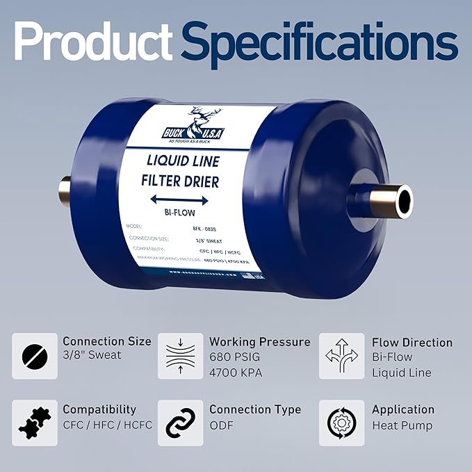 Buck Bi-Flow Refrigerant Liquid Line Filter Drier 3/8" ODF Sweat BFK-083S - Compatible with CFC, HCFC, HFC - Ideal for Heat Pump & Straight Cool Air Conditioners (1-5 Tons)