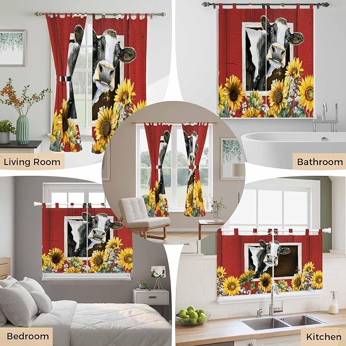 Cows Sunflowers Living Room Curtains 84 Inch Length, Window Curtains Tab Top, Spring Botanical Floral Bees Red Barn Light Filtering Window Treatments Drapes 52"x84" 2 Panel