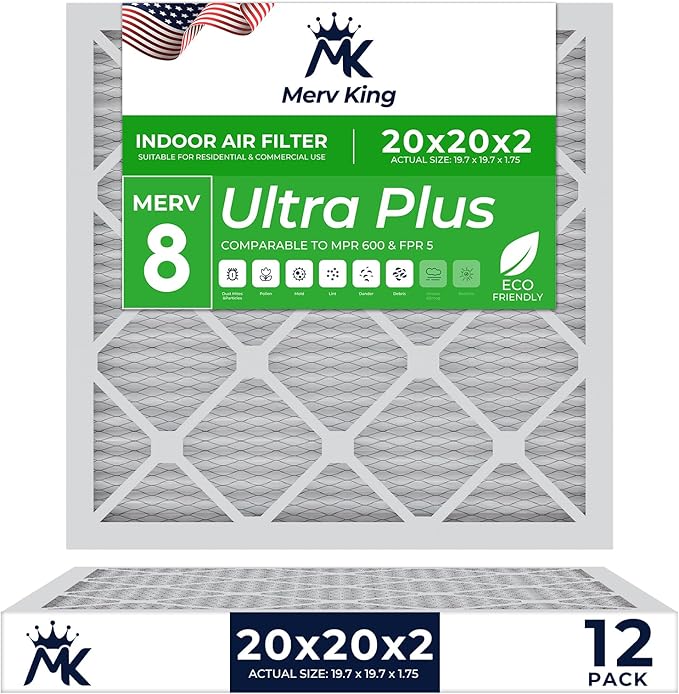 MervKing 20x20x2 Air Filter Actual Size: 19.7" x 19.7" x 1.75" MERV 8 MPR 600-700 | MADE IN USA | 12-Pack | Pleated HVAC AC Furnace Replacement