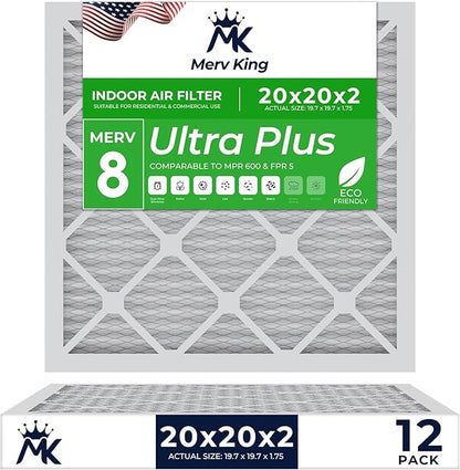 MervKing 20x20x2 Air Filter Actual Size: 19.7" x 19.7" x 1.75" MERV 8 MPR 600-700 | MADE IN USA | 12-Pack | Pleated HVAC AC Furnace Replacement