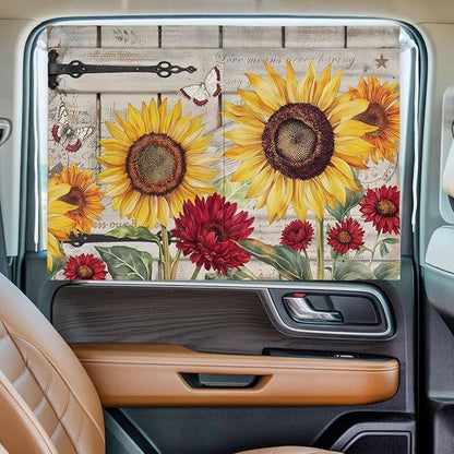 Red Yellow Sunflowers Magnetic Double Layer Car Window Shades,Side Window Curtains for Blackout/Breathable Mesh View,Retro Rustic Barn Doors Butterfly Brown Heat Protection Sun Shades 26x20in 2pcs