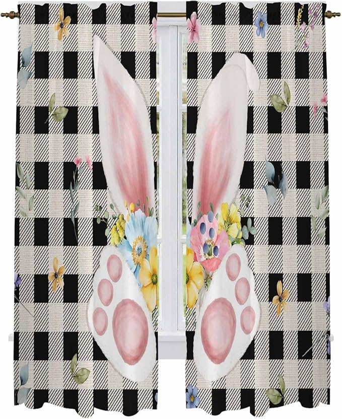 Easter Window Curtains 72 Inch Long 2 Panel Set,Rod Pocket Long Curtains & Drapes,Spring Rabbits Ears Feet Wildflowers Black Plaid Light Filtering Window Treatment for Bedroom Living Room 52"W x 72"L
