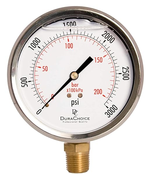 4" Oil Filled Pressure Gauge - Stainless Steel Case, Brass, 1/2" NPT, Lower Mount Connection, 0-3,000PSI