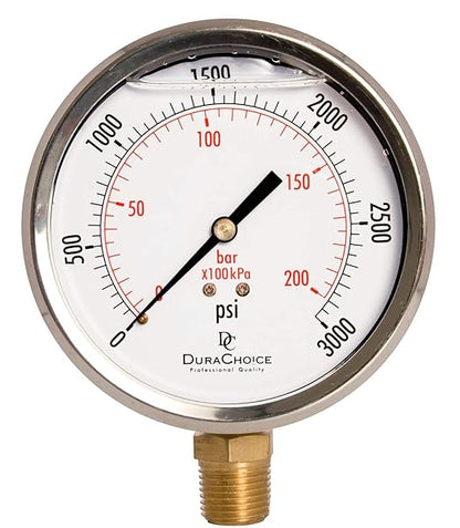4" Oil Filled Pressure Gauge - Stainless Steel Case, Brass, 1/2" NPT, Lower Mount Connection, 0-3,000PSI