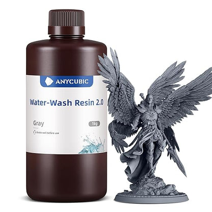 ANYCUBIC Upgraded Water Washable 3D Printer Resin 2.0, 405nm High Precision 3D Resin, Low Shrinkage Photopolymer Resin for 4K/8K/12K Capable LCD DLP Resin 3D Printer Printing (Grey, 1000g)