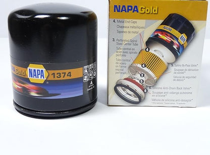NAPA FILTERS 1374 385PSI Burst Pressure, 2/20=6/20 BETA Ratio, Spin ON Oil Filter, Gold, Oil Filter, 3.529INCH Height, 2.966INCH OD, 7-9GPM Flow Rate, 21MICRON Rating