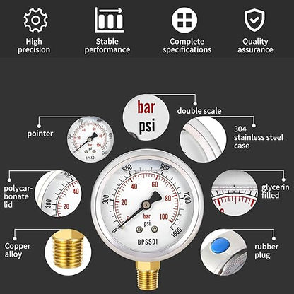 0-1500 Psi Glycerin Liquid Filled Hydraulic Pressure Gauge, 2.5" Dial Size, 1/4" NPT Lower Mount, 304 Stainless Steel Case, for Water Oil Air Gas Pressure Test