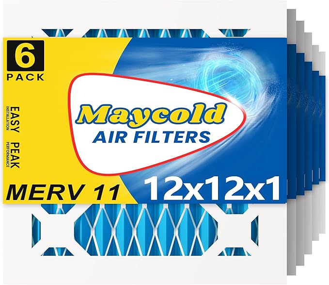 Maycold 12x12x1 MERV 11 Furnace Air Filter (6-Pack), High-Performance HVAC AC Filters for Home Use, Actual Size: 11.70” x 11.70” x 0.75”, Individually Wrapped in Plastic