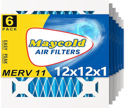 Maycold 12x12x1 MERV 11 Furnace Air Filter (6-Pack), High-Performance HVAC AC Filters for Home Use, Actual Size: 11.70” x 11.70” x 0.75”, Individually Wrapped in Plastic