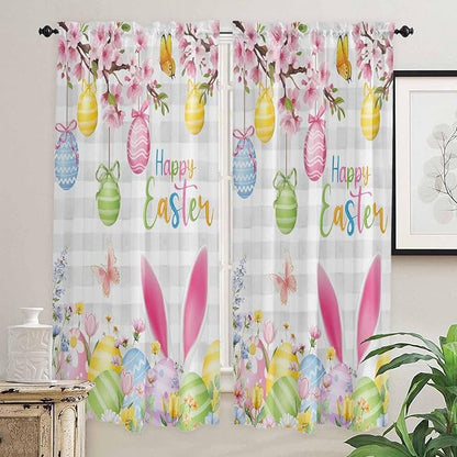 Happy Easter Living Room Curtains 72 Inches length, Spring Watercolor Bunny Eggs Flower Grey Plaid Window Treatment Curtain Drapes, Light Filtering Drapes for Bedroom Laundry Room, 52"x72", 2 Panels