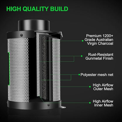 MELONFARM 4 Inch Air Carbon Filter Smelliness Control with Australia Virgin Charcoal, Odor Removal Carbon Filter for Grow Tent, Inline Fan, Hydroponics, Pre-Filter Included, Insulated Flange 4" x 11"