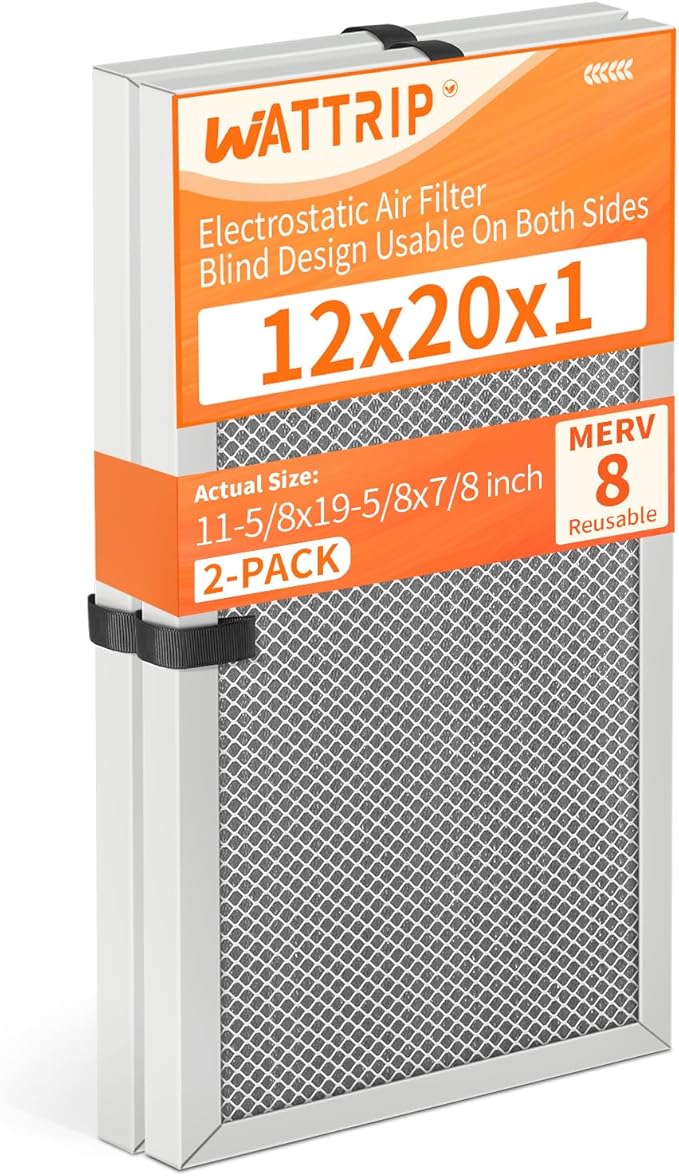 2-Pack 12x20x1 MERV 8 Reusable & Washable Electrostatic Air Filters - Long-Lasting Filter for HVAC, Furnace & Air Conditioner Units, Actual Size: 11-5/8” x 19-5/8” x 7/8”