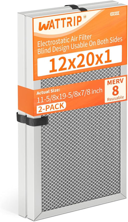 2-Pack 12x20x1 MERV 8 Reusable & Washable Electrostatic Air Filters - Long-Lasting Filter for HVAC, Furnace & Air Conditioner Units, Actual Size: 11-5/8” x 19-5/8” x 7/8”