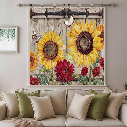 Sunflowers Bedroom Curtains 72 Inch Length, Window Curtains Tab Top, Retro Flower Barn Doors Butterfly Farmhouse Brown Light Filtering Window Treatments Drapes 52"x72" 2 Panel