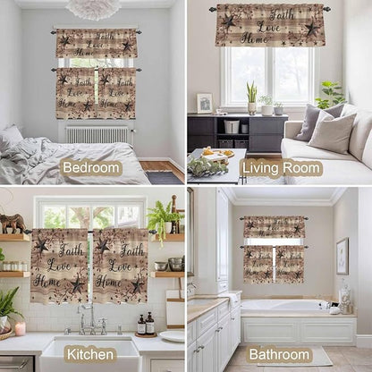 Kitchen Curtains Tiers and Valance Set of 3, Farmhouse Star Brown Light Filtering Window Curtain Set, Retro Branches Berry Wooden Grain Rod Pocket Curtain Drapes for Cafe, Living Room, 24 Inches Tiers