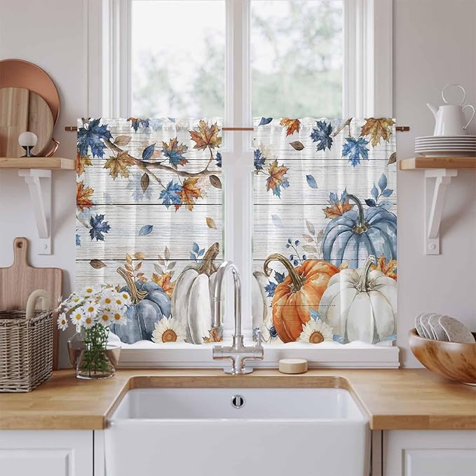 Thanksgiving Pumpkin Kitchen Curtains 45 Inch Long 2 Panel Set, Rod Pocket Window Treatment, Fall Maple Leaf Daisy Wooden Grain Light Filtering Short Curtains & Drapes for Bathroom Laundry 52"W x 45"L
