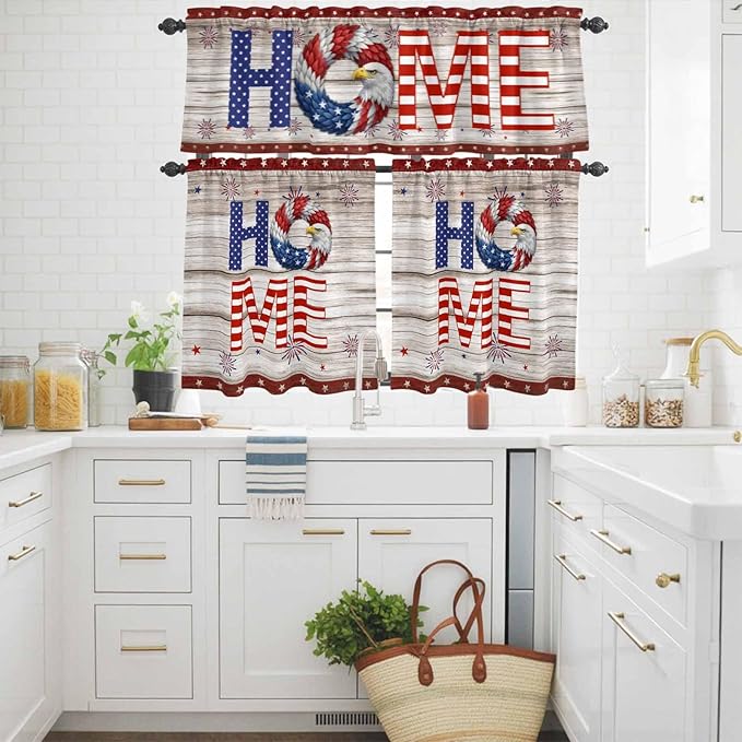 4th of July Kitchen Curtains Set 3 Piece for Windows,Rod Pocket Valance and Tier Set 36 Inch Length,Stars Striped Farmhouse American Flag Wood Grain Light Filtering Cafe Curtains for Living Room