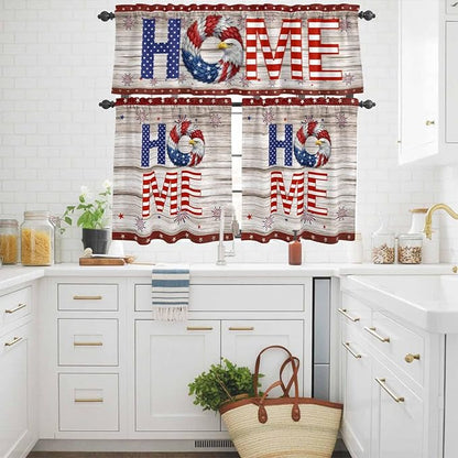 4th of July Kitchen Curtains Set 3 Piece for Windows,Rod Pocket Valance and Tier Set 24 Inch Length,Stars Striped Farmhouse American Flag Wood Grain Light Filtering Cafe Curtains for Living Room