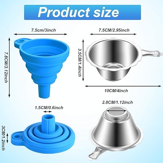 Boao 6 Pack Resin Funnels Filter 3D Printer Accessories Include Collapsible Silicone Funnels and Stainless Steel Filter Cups for Pouring Resin Back into Bottle(Blue, Orange, Green)