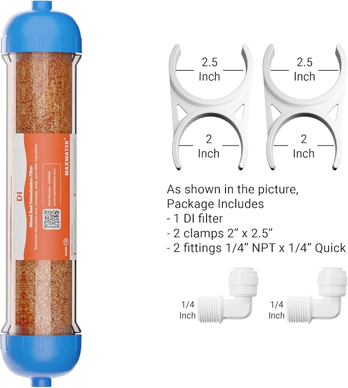 10" Refillable Mixed Bed Ion Exchange Aquarium Filter for High TDS Water, RO DI Resin Refillable Housing with Clamps &Fittings, Compatible with 10" Aquarium Reverse Osmosis Water Filtration Systems