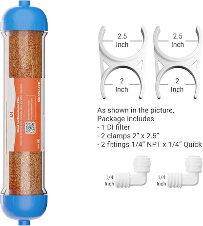 10" Refillable Mixed Bed Ion Exchange Aquarium Filter for High TDS Water, RO DI Resin Refillable Housing with Clamps &Fittings, Compatible with 10" Aquarium Reverse Osmosis Water Filtration Systems