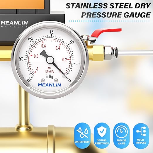 MEANLIN MEASURE -30inHG~0Psi Vacuum Gauge Stainless Steel 1/8" NPT 2" FACE DIAL Waterproof for Air Compressor HVAC Negative Pressure Hand Pump Pool Back Mount with 1/4" NPT and 3/8" NPT Hex Bushing
