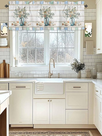 Kitchen Valances for Window, Ocean Starfish Conch Shell Eucalyptus Light Filtering Rod Pocket Valance Curtain, Colorful Wood Grain Short Curtains Window Topper for Bedroom Living Room 54x18in