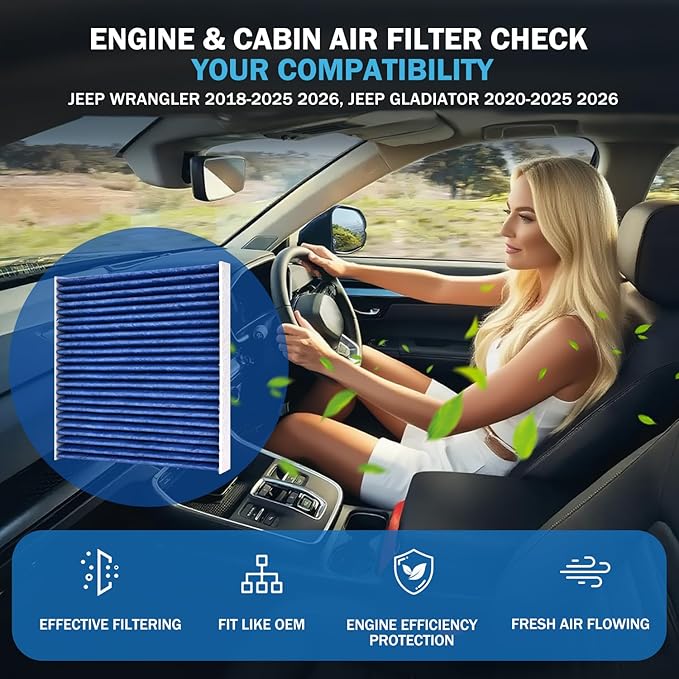 Cabin & Engine Air Filter Set Accessories for Jeep Wrangler 2018-2025 2026, Jeep Gladiator 2020-2025 2026 Activated Carbon Automotive Engine Cabin Air Filter Replacement for 68257030AA 68301863AA