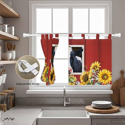 Cow Sunflowers Kitchen Curtains 24 Inch Length, Small Window Curtains Tab Top, Botanical Floral Leaves Bees Farm Barn Light Filtering Short Window Treatments Tier Drapes 27.5"x24" 2 Panel