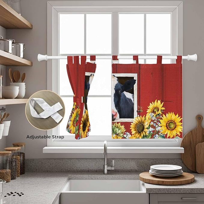 Cow Sunflowers Kitchen Curtains 36 Inch Length, Small Window Curtains Tab Top, Botanical Floral Leaves Bees Farm Barn Light Filtering Short Window Treatments Tier Drapes 27.5"x36" 2 Panel