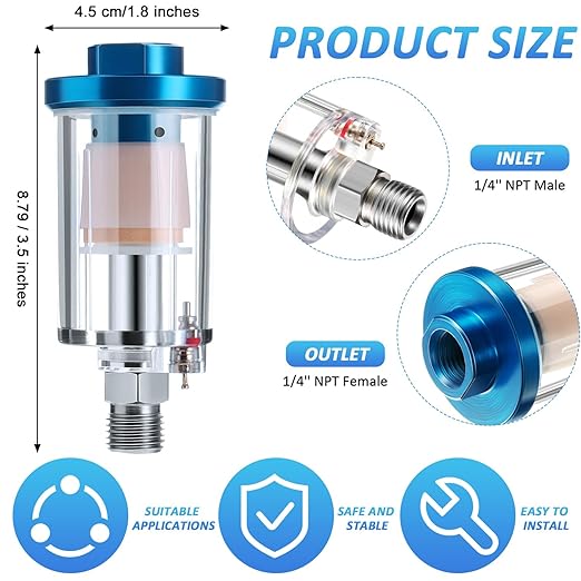 Mudder 10 Pcs Compressed Air Filter Water Oil Separator 1/4 Inch NPT Inlet and Outlet Airbrush Filter Moisture Separator for Air Line Compressor Fitting, 90 PSI