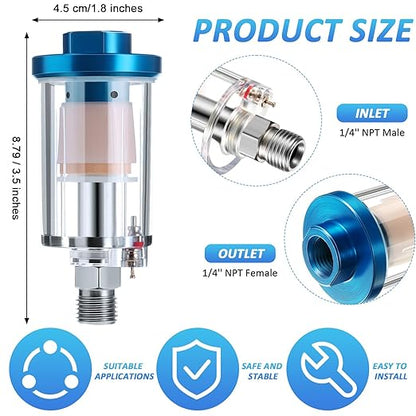Mudder 10 Pcs Compressed Air Filter Water Oil Separator 1/4 Inch NPT Inlet and Outlet Airbrush Filter Moisture Separator for Air Line Compressor Fitting, 90 PSI